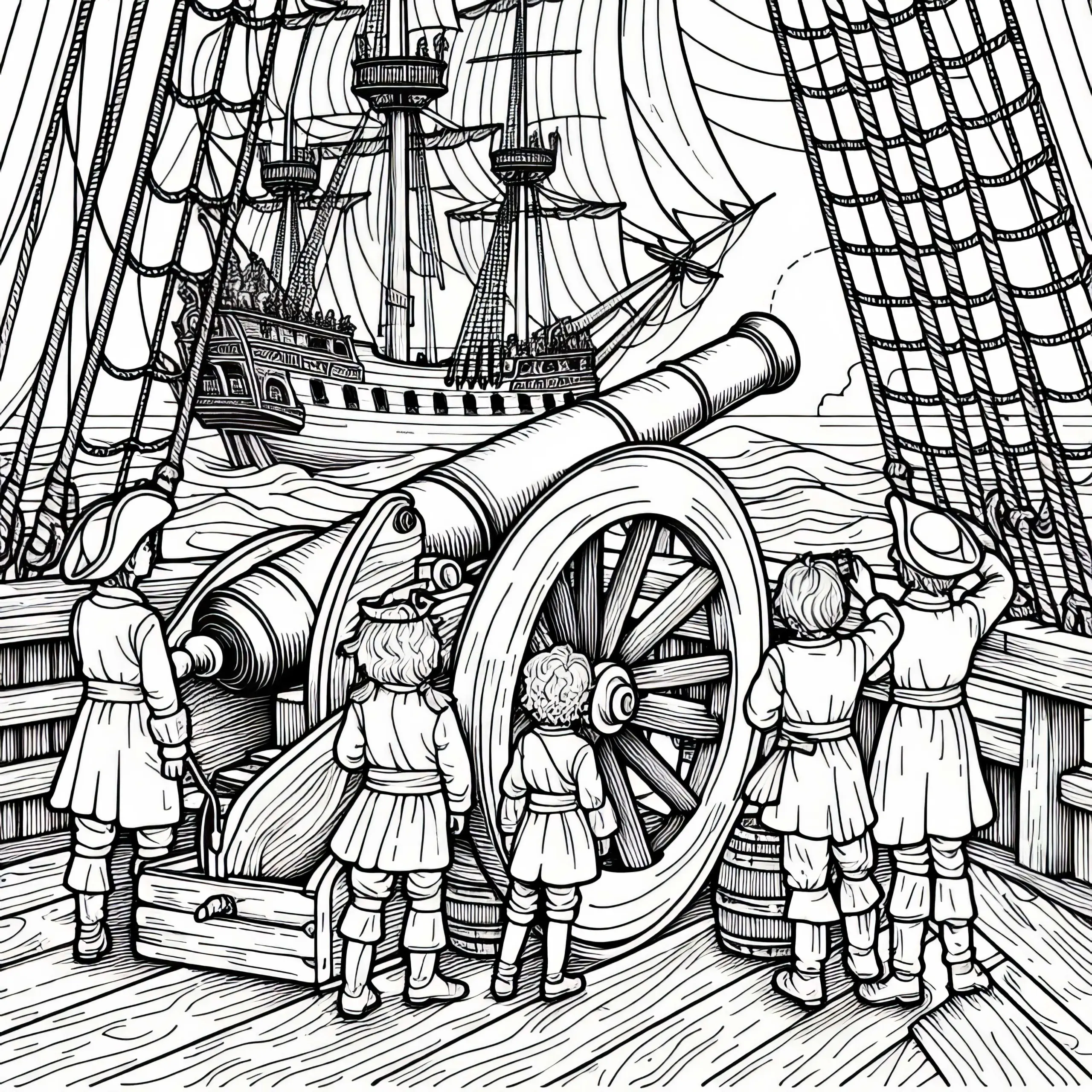 Piratenkinder mit Kanone an Bord eines Segelschiffs – Ausmalbild für Piraten-Fans