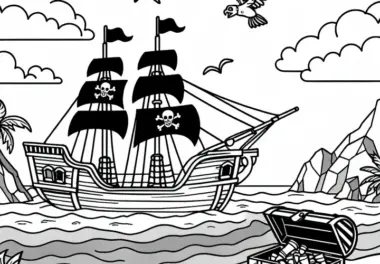 Piratenschiff ankerte an geheimer Insel mit Schatzkiste – Malvorlage gratis