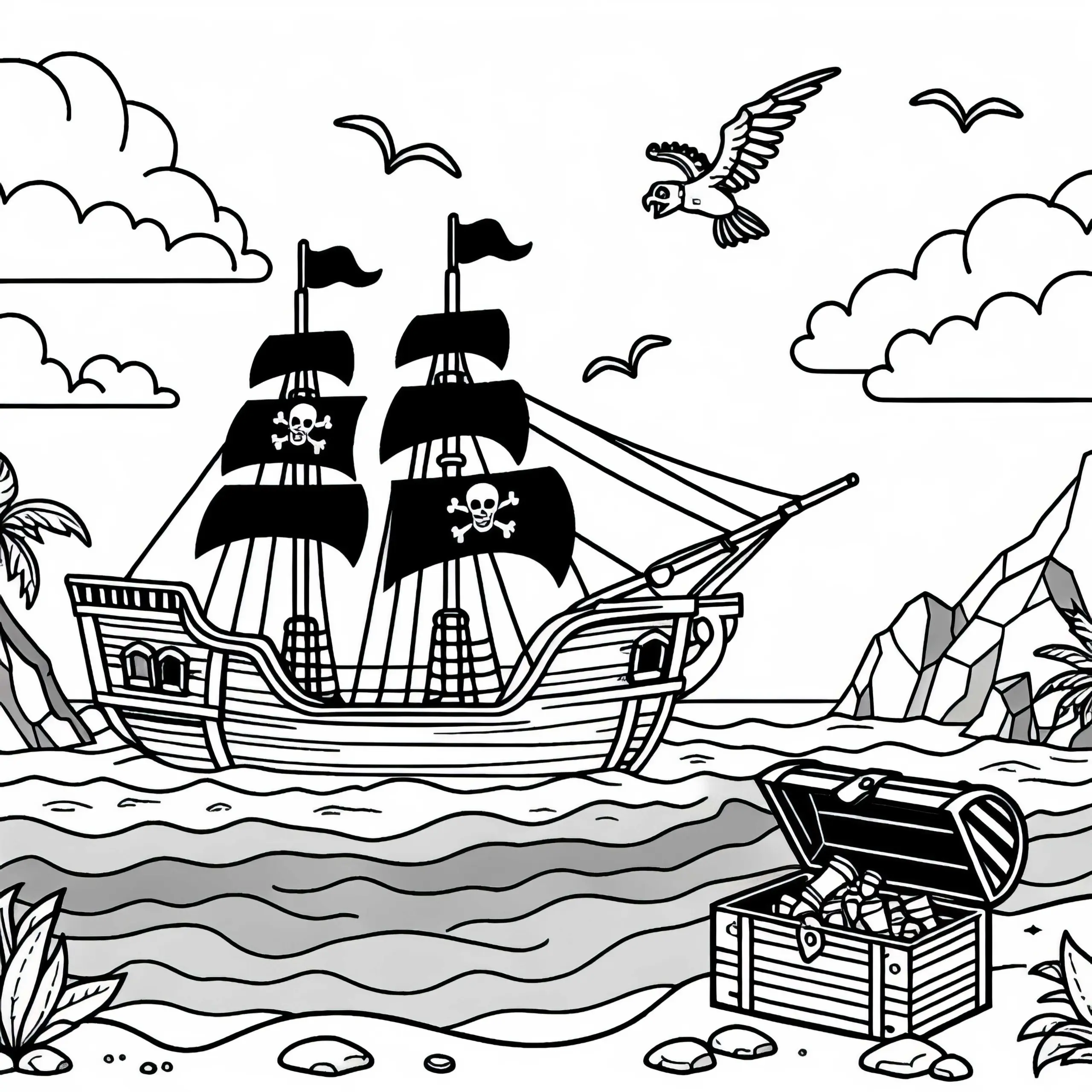 Piratenschiff ankerte an geheimer Insel mit Schatzkiste – Malvorlage gratis (Ausmalbild)