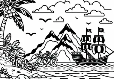 Piratenschiff Segelt An Insel Vorbei – Ausmalbild Kostenlos
