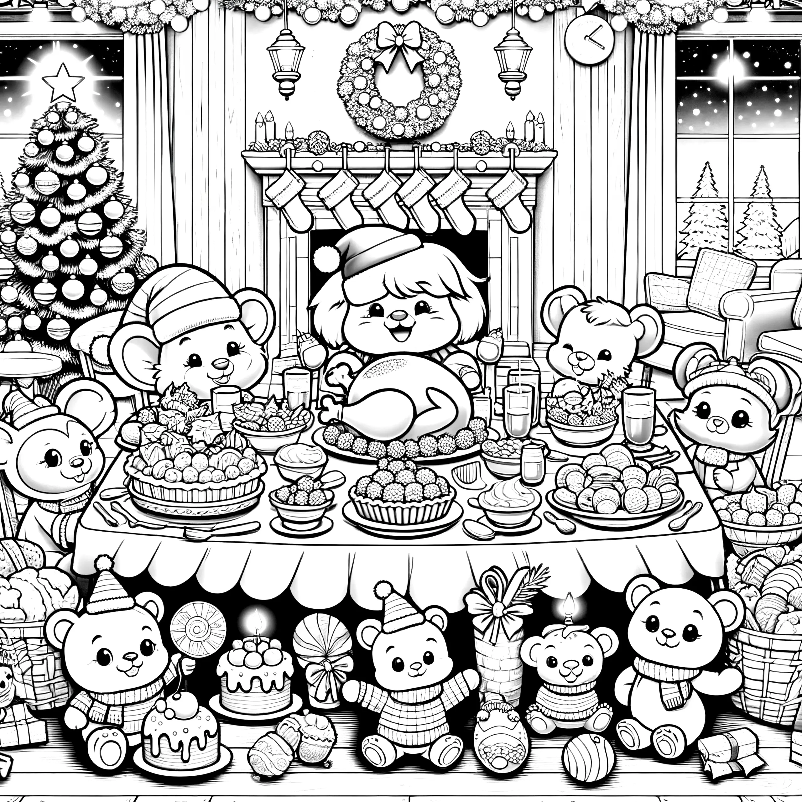 Plüschtiere beim Weihnachtsschmaus (kostenlose Malvorlage) (Ausmalbild)