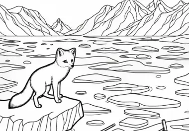 Polarfuchs beobachtet neugierig die Umgebung in der Eiswüste – Malvorlage gratis