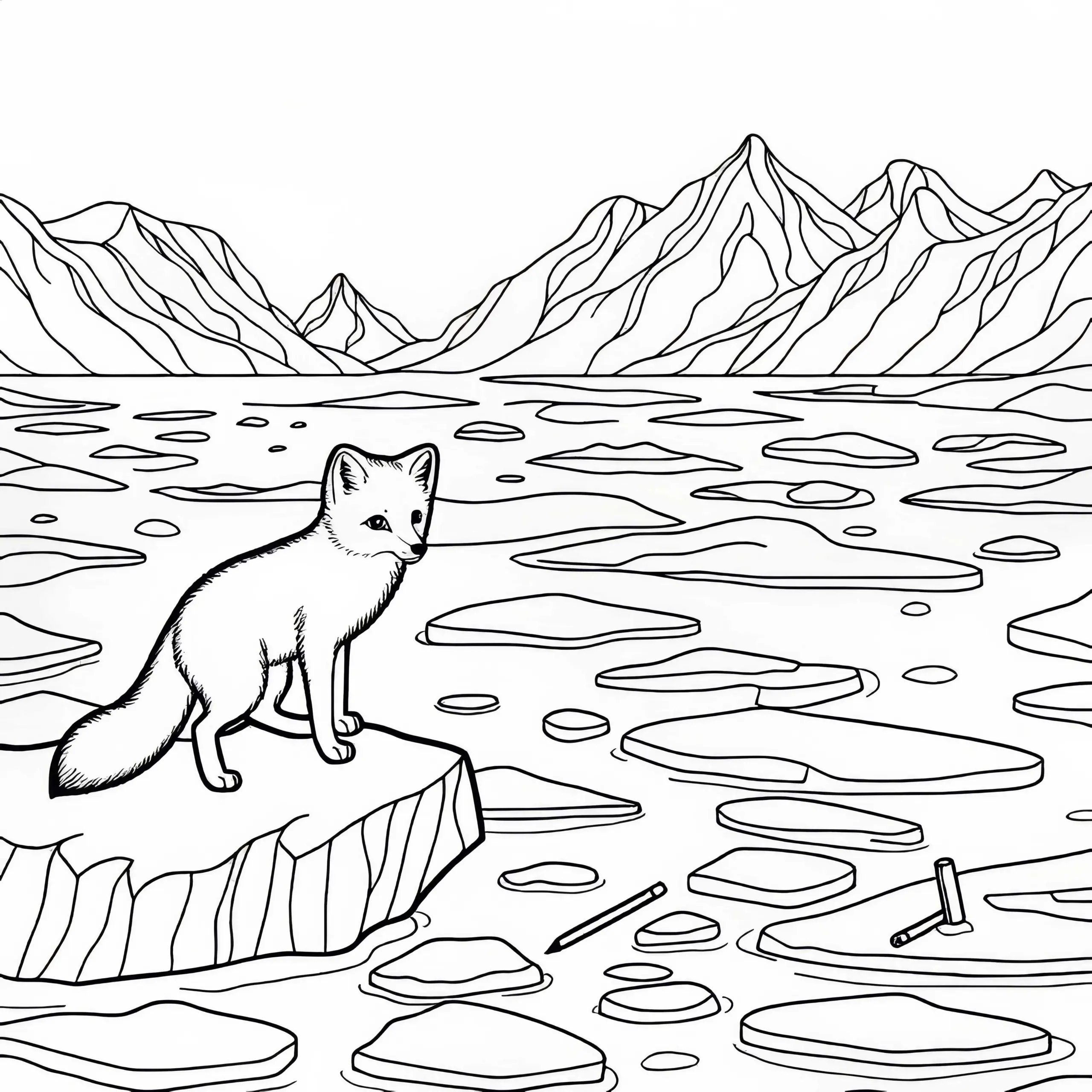 Polarfuchs beobachtet neugierig die Umgebung in der Eiswüste – Malvorlage gratis (Ausmalbild)