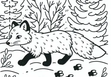 Der Polarfuchs schleicht durch den Schnee – Ausmalbild einfach und gratis