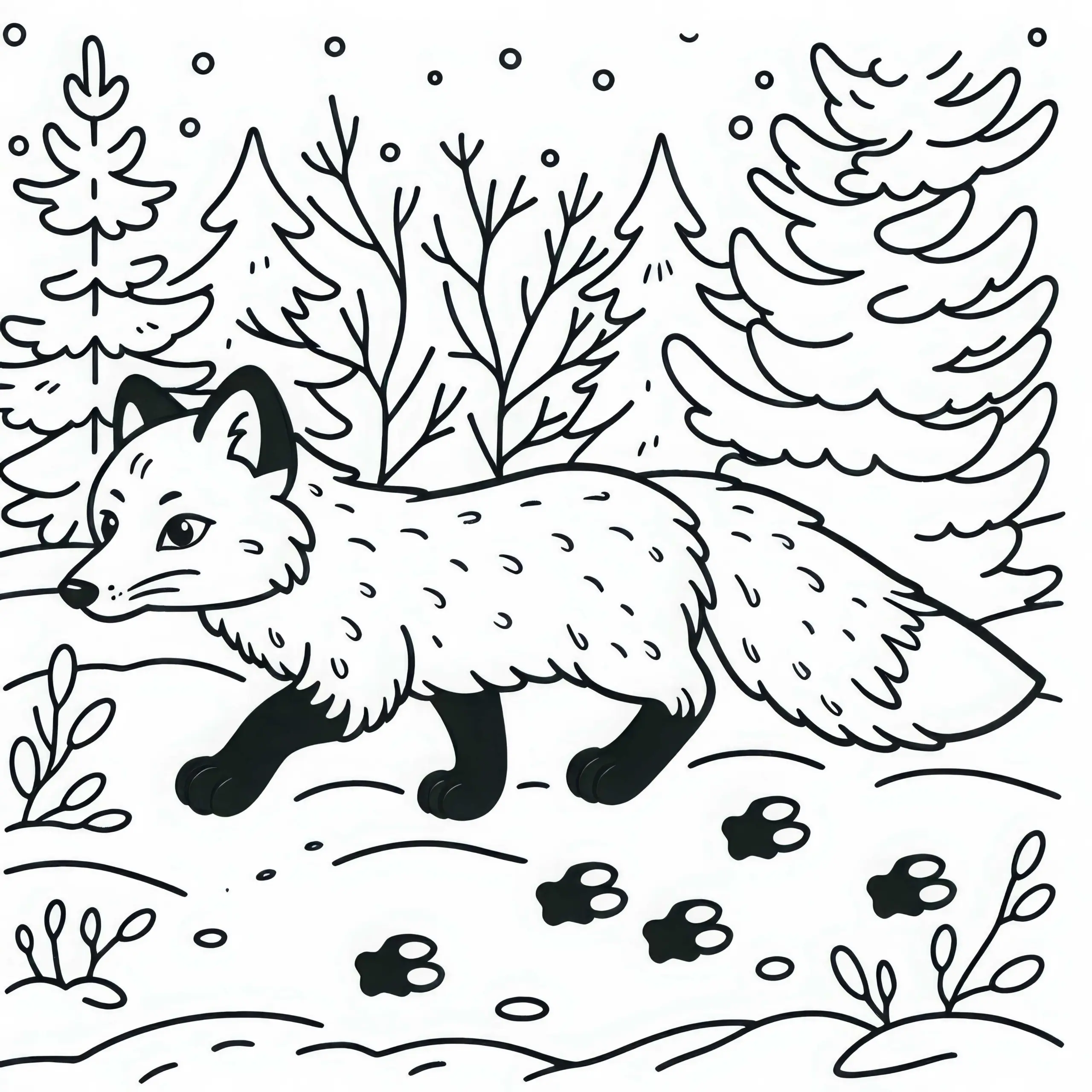 Der Polarfuchs schleicht durch den Schnee – Ausmalbild einfach und gratis