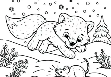 Der Polarfuchs springt in die Luft, um eine Maus zu fangen – Malvorlage kostenlos herunterladen