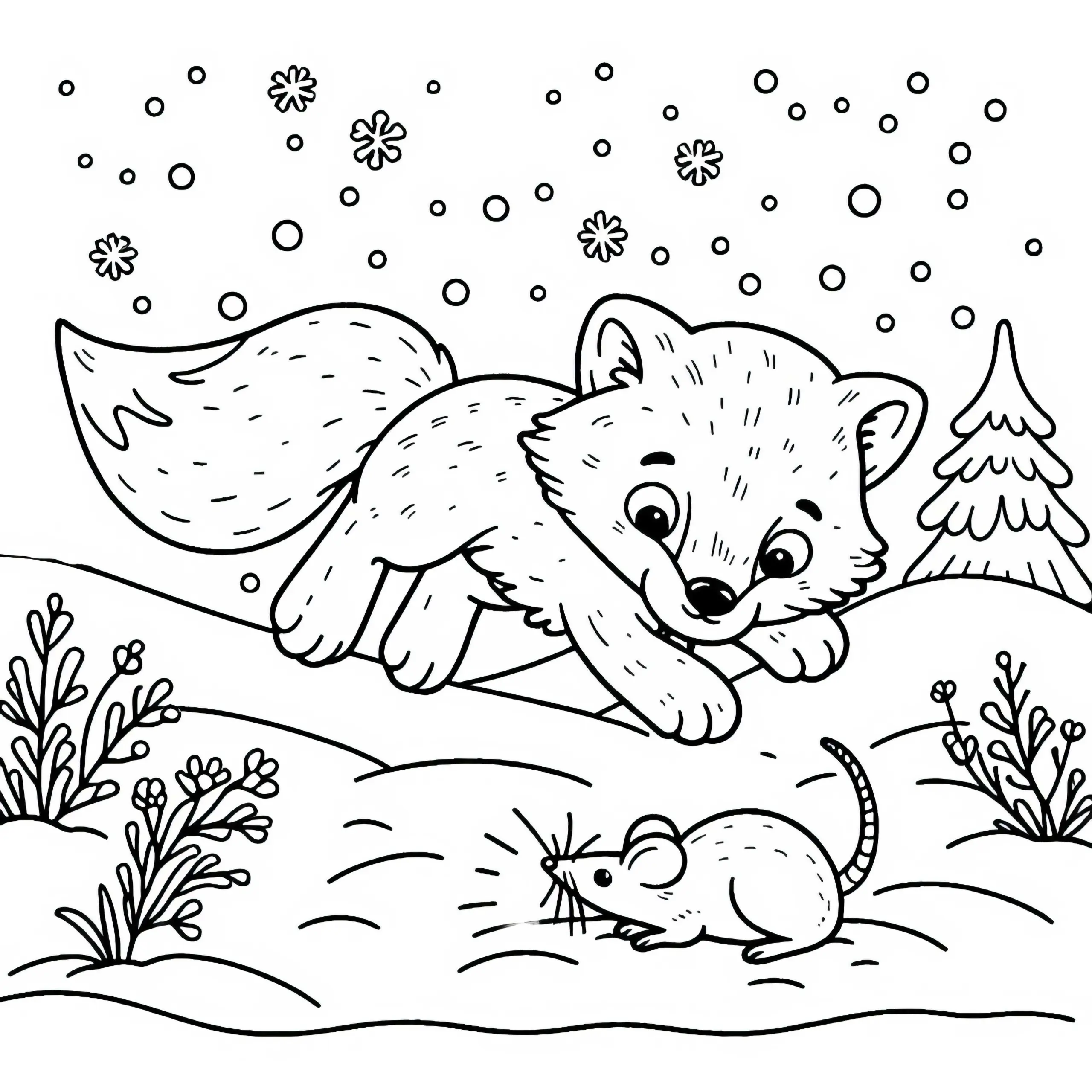 Der Polarfuchs springt in die Luft, um eine Maus zu fangen – Malvorlage kostenlos herunterladen (Ausmalbild)