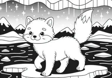 Polarfox unter Polarlichtern – Ausmalbild gratis