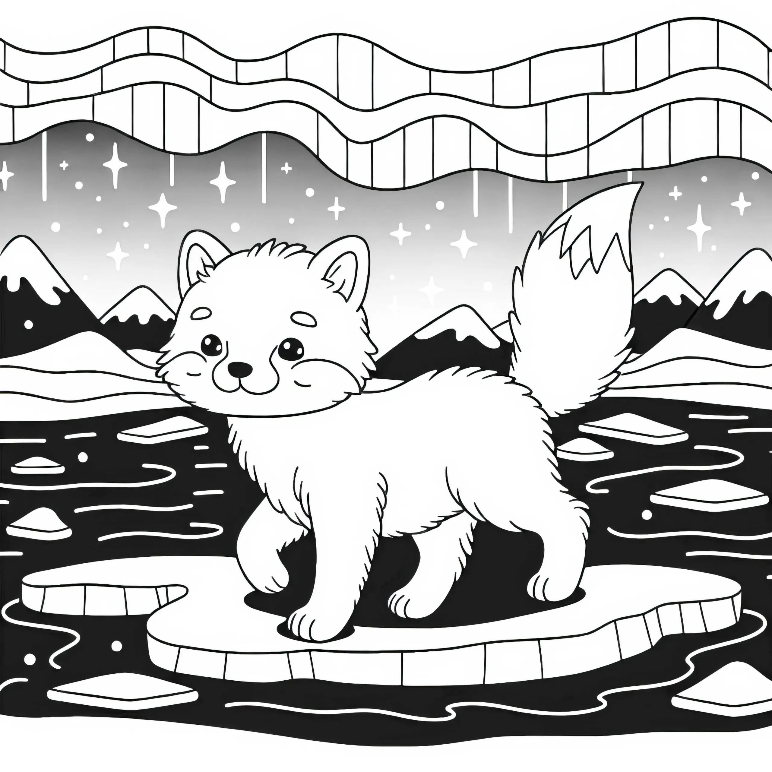 Polarfox unter Polarlichtern – Ausmalbild gratis