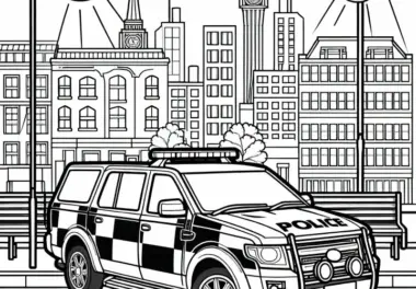 Polizeiauto in der Stadt als Ausmalbild kostenlos