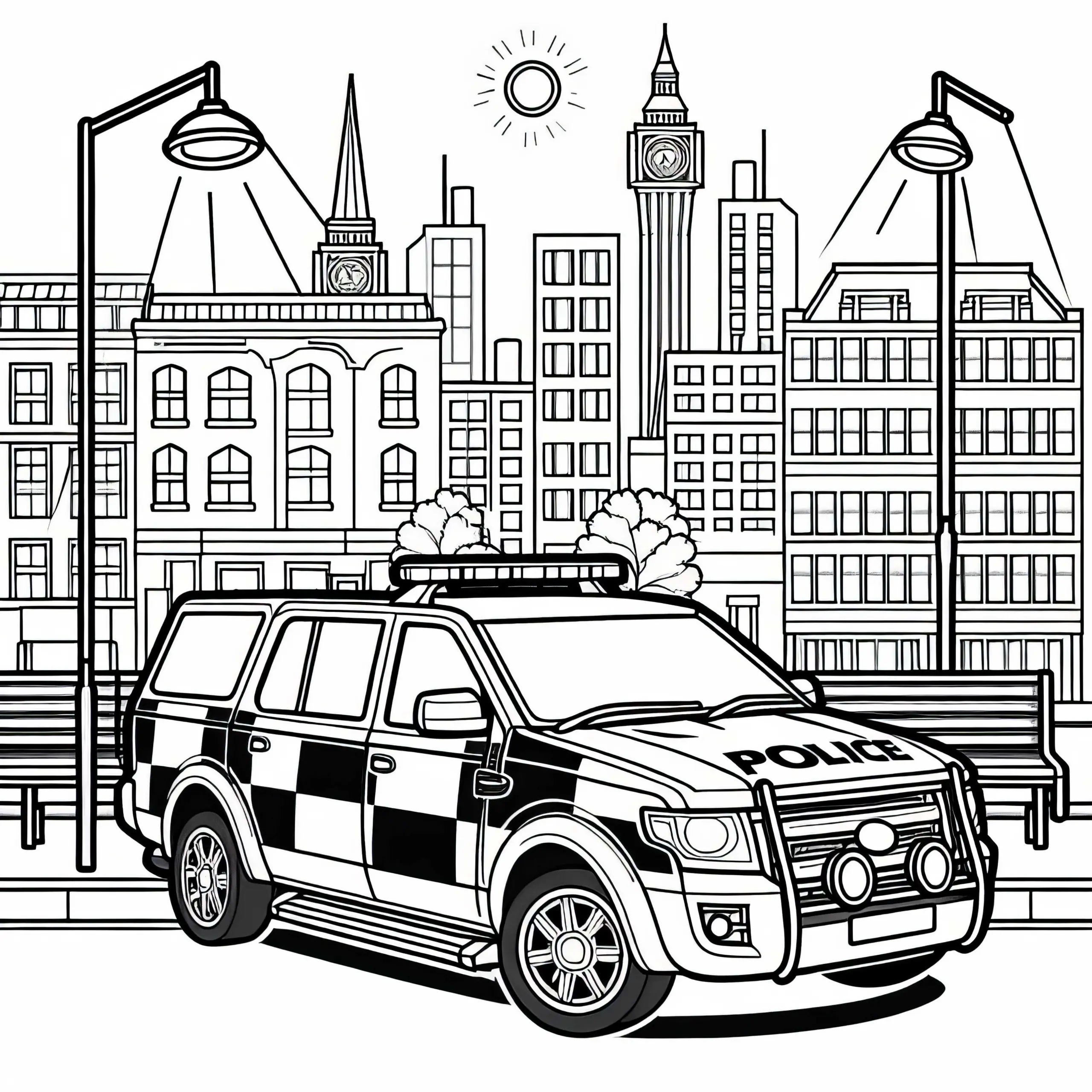 Polizeiauto in der Stadt als Ausmalbild kostenlos