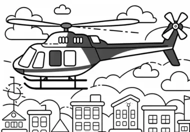 Polizeihelikopter über Stadt – Ausmalbild für Jungs ab sechs kostenlos