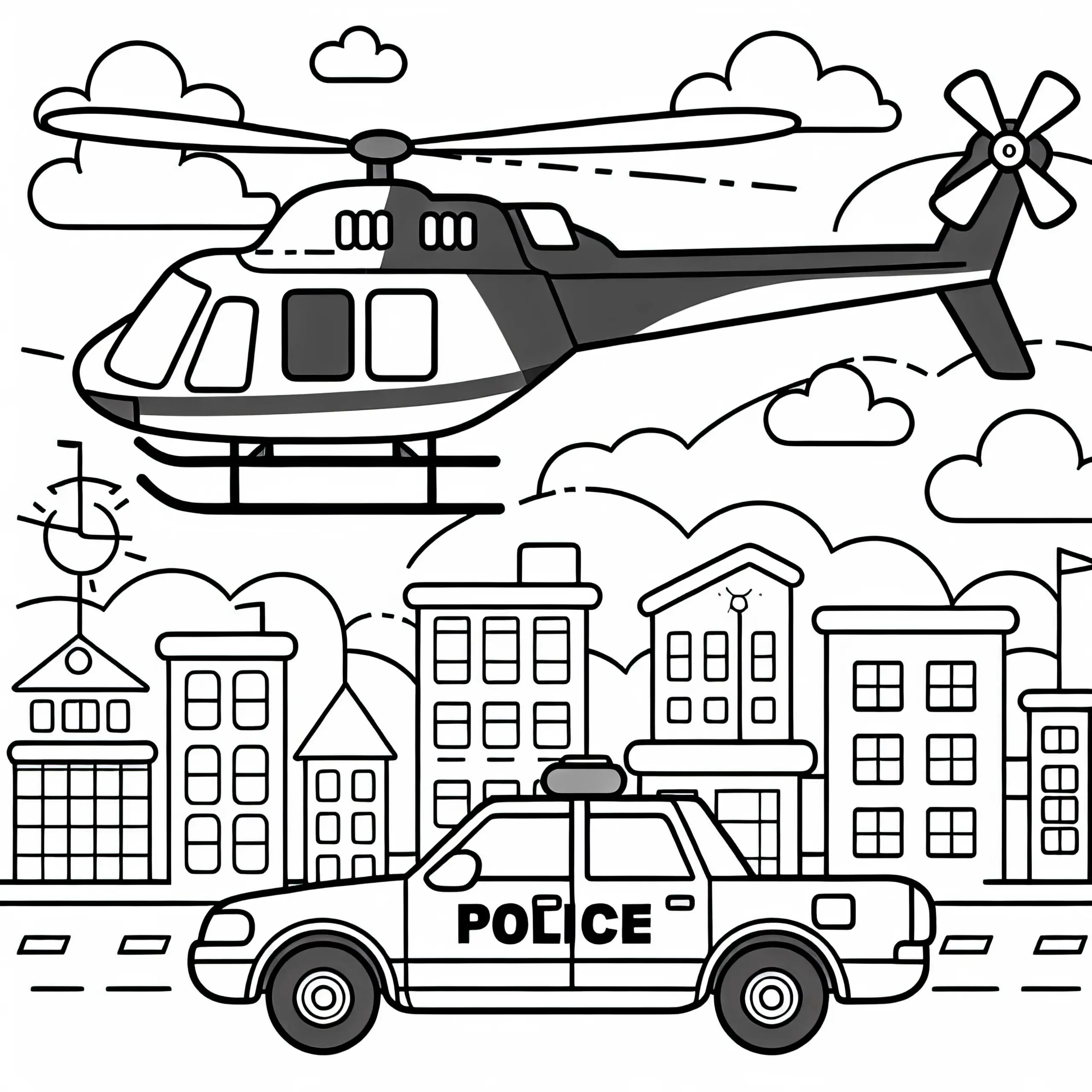Polizeihelikopter über Stadt – Ausmalbild für Jungs ab sechs kostenlos