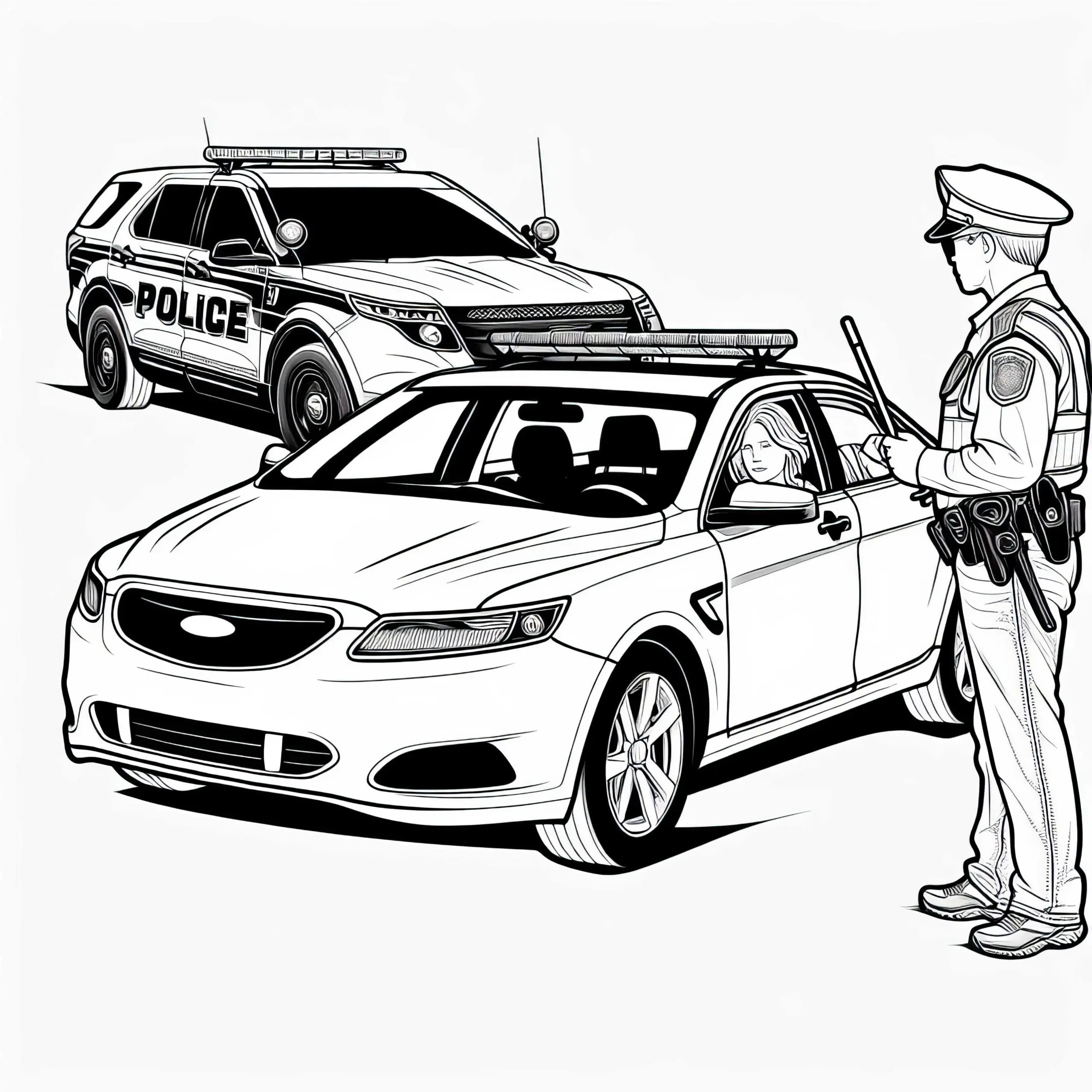 Polizeikontrolle mit Streifenwagen Malvorlage Kostenlos (Ausmalbild)