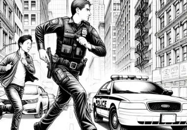 Polizist bei Verfolgungsjagd zu Fuß durch eine Stadt – Malvorlage detailreich kostenlos