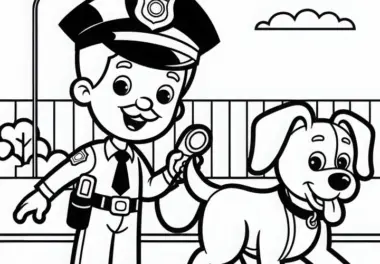 Polizist mit Polizeihund auf Patrouille – Malvorlage einfach kostenlos