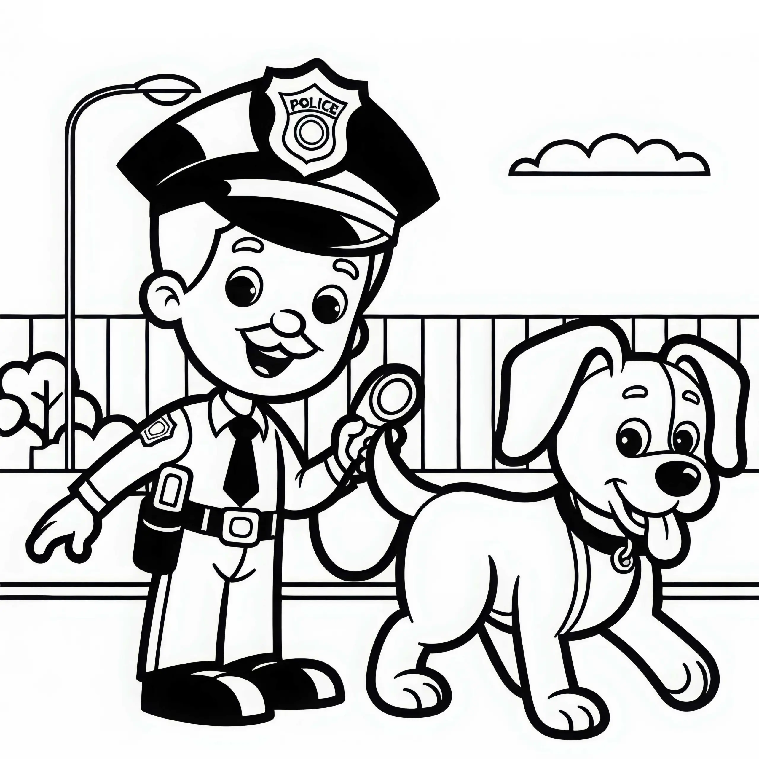 Polizist mit Polizeihund auf Patrouille – Malvorlage einfach kostenlos (Ausmalbild)