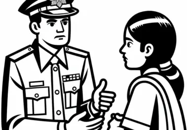 Polizist nimmt Aussage einer Zeugin auf – Ausmalbild kostenlos