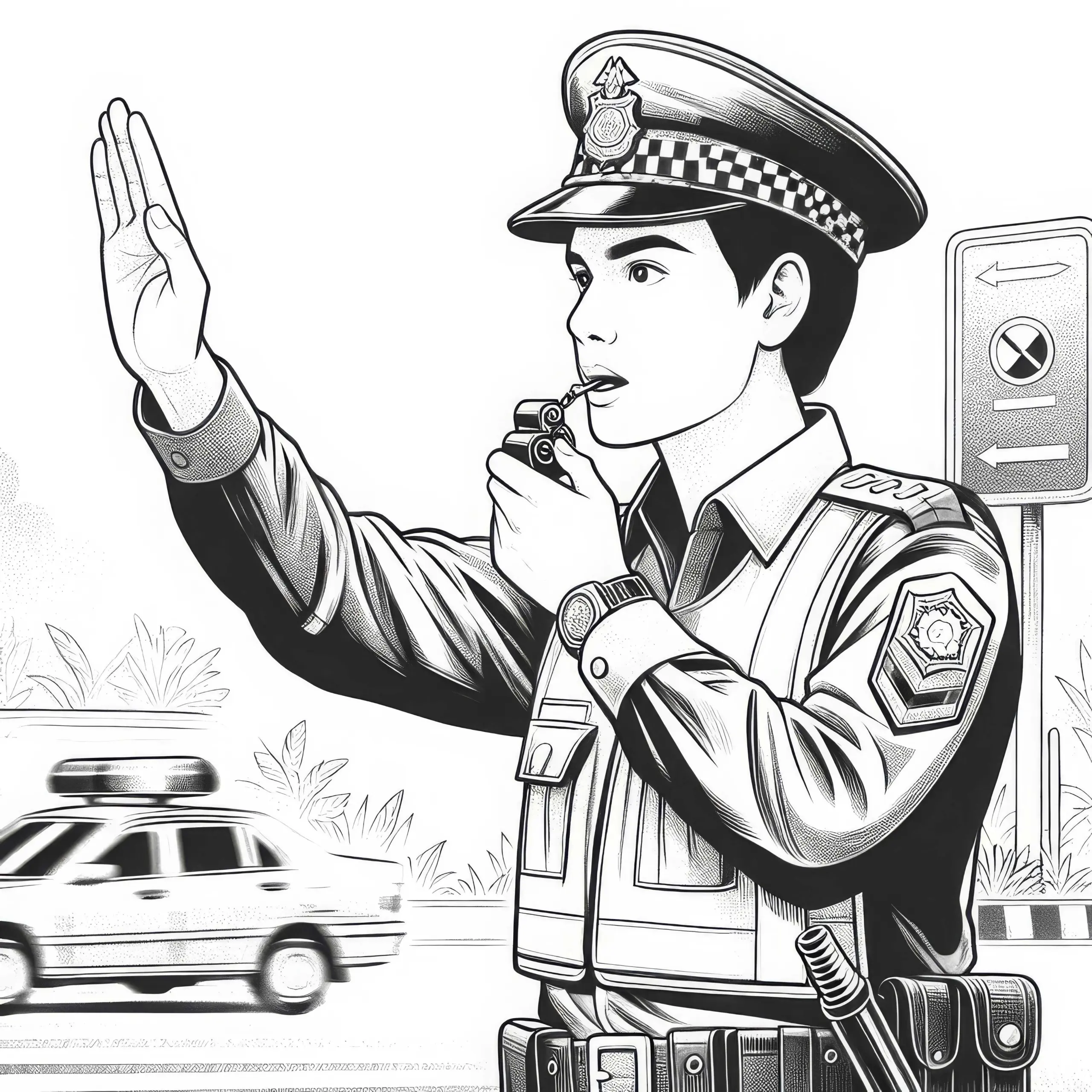 Polizist regelt Verkehr – Malvorlage detailreich kostenlos (Ausmalbild)