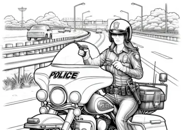 Polizistin auf Motorrad – Detailreiches Ausmalbild zum Gratis-Download