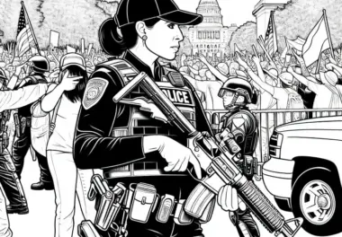 Polizistin bei Demonstration als detaillierte Malvorlage zum Gratis-Download