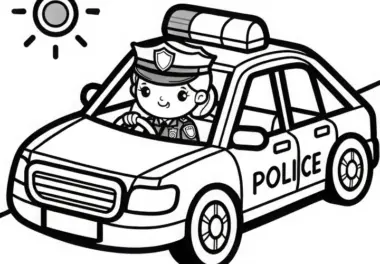 Polizistin im Streifenwagen mit Blaulicht – Ausmalbild einfach kostenlos