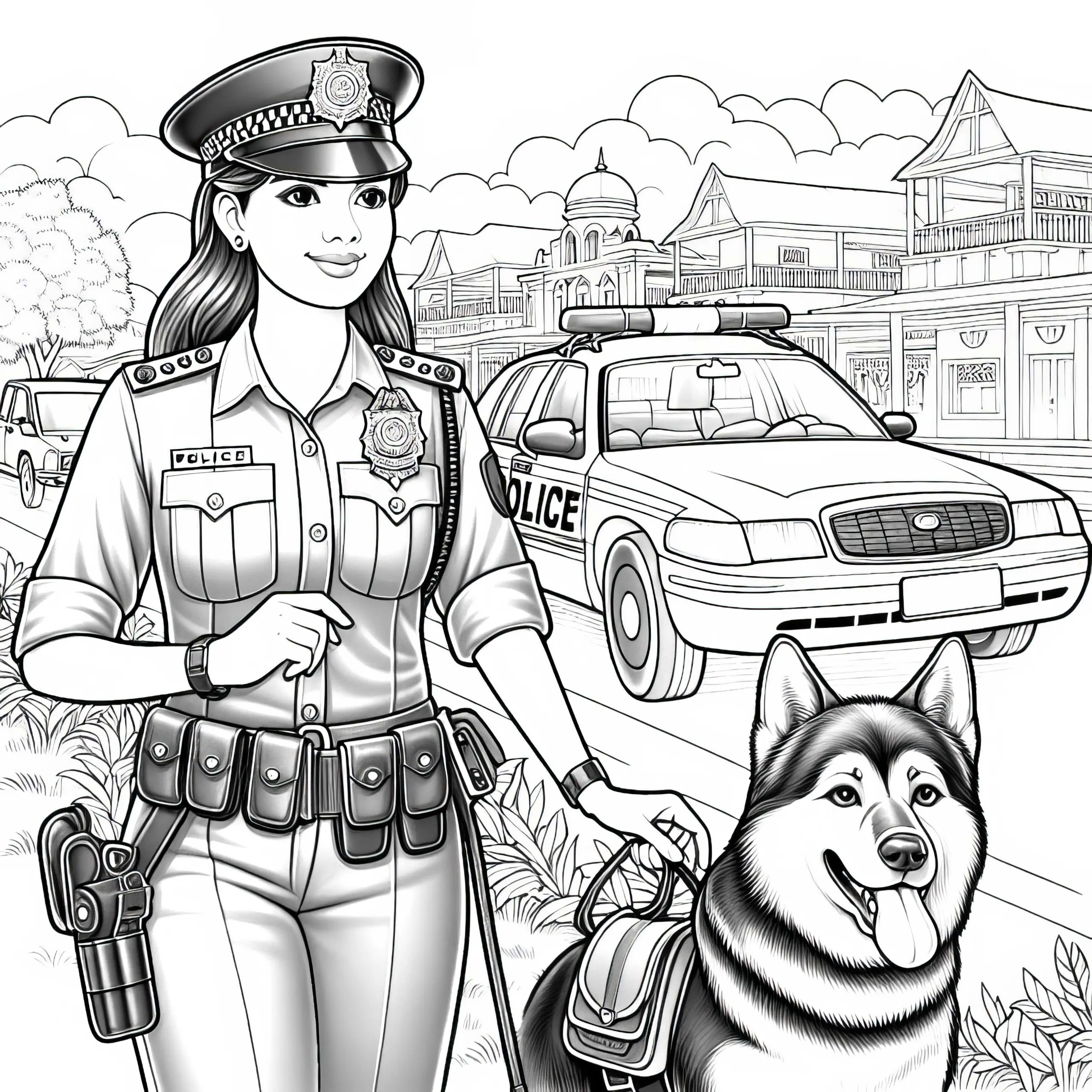 Polizistin mit Polizeihund auf Patrouille – Malvorlage in detailreicher Ausführung (Ausmalbild)