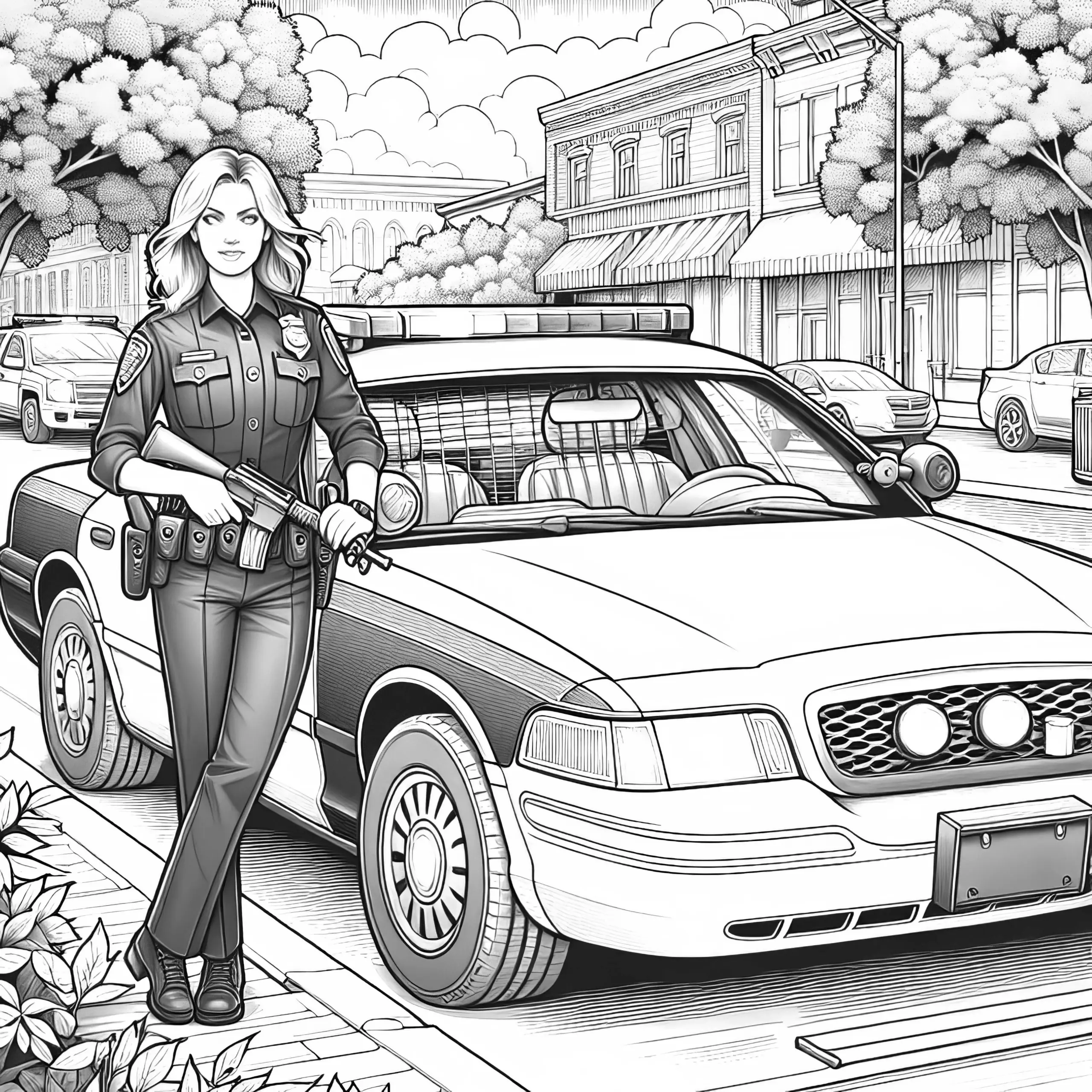 Polizistin mit Streifenwagen – Malvorlage detailreich und gratis (Ausmalbild)