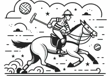 Polospieler galoppiert auf Pferd und schwingt Schläger – Ausmalbild kostenlos