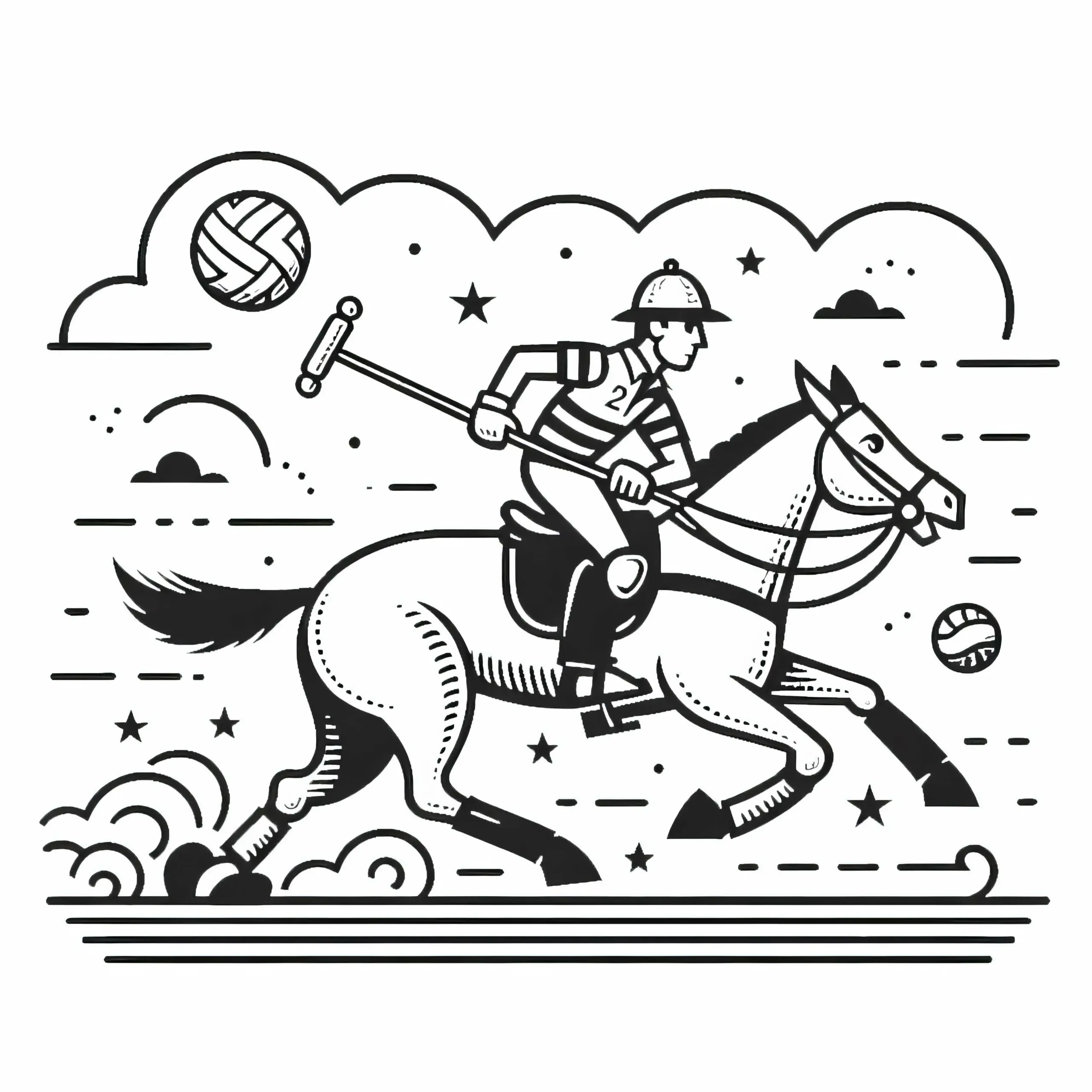 Polospieler galoppiert auf Pferd und schwingt Schläger – Ausmalbild kostenlos