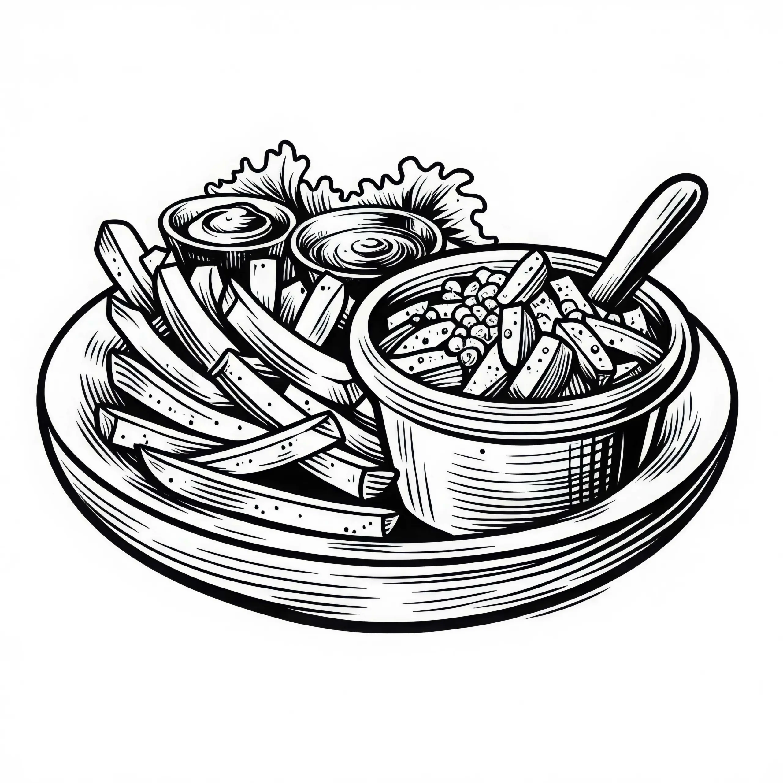 Pommes Frites als Beilage zum Essen – Malvorlage kostenlos (Ausmalbild)