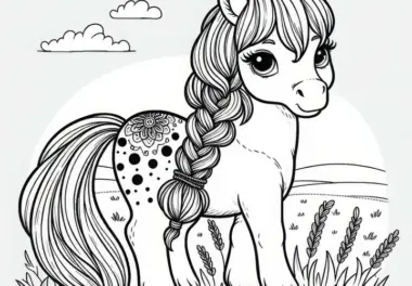 Pony mit geflochtener Mähne auf Feld – Ausmalbild für Mädchen ab neun kostenlos