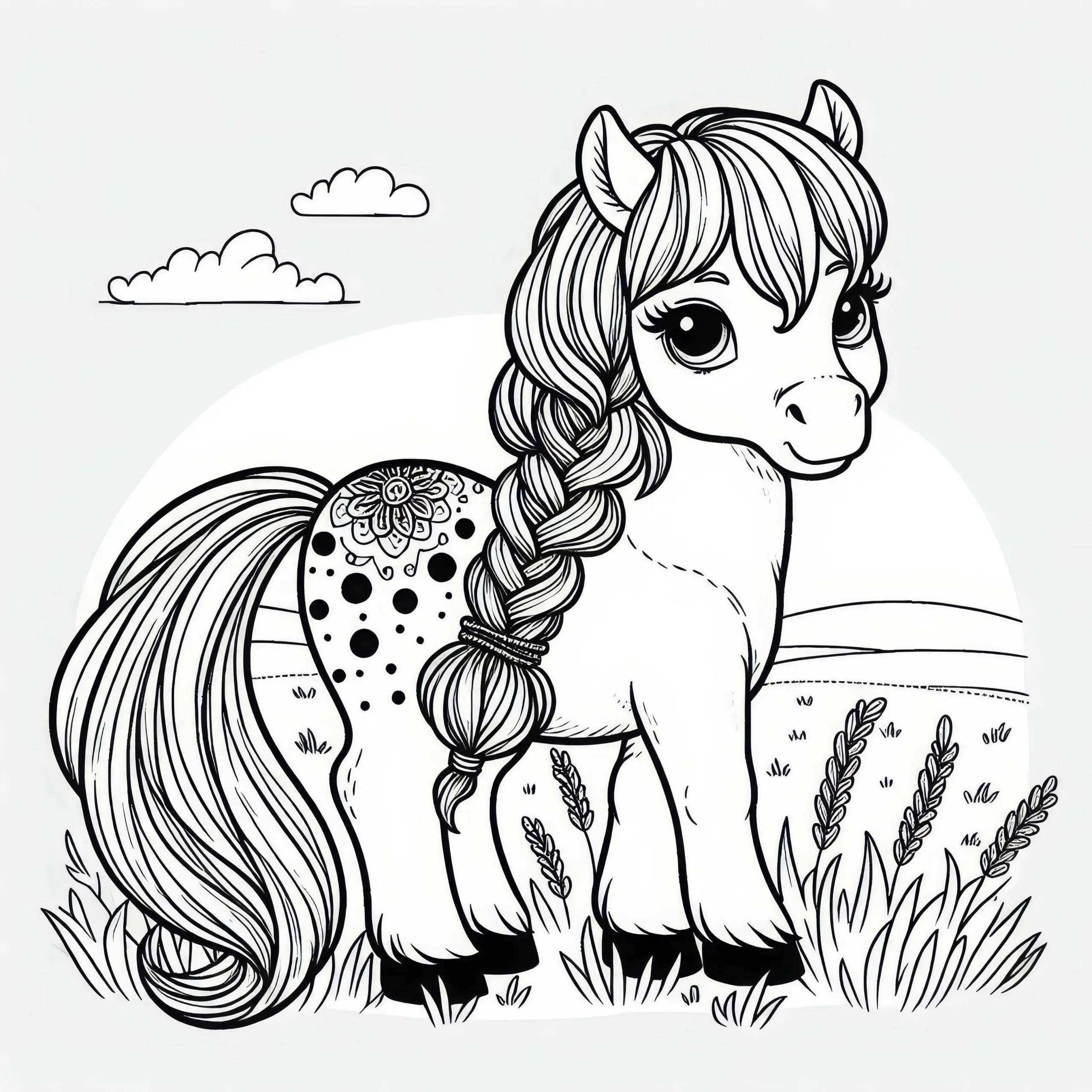 Pony mit geflochtener Mähne auf Feld – Ausmalbild für Mädchen ab neun kostenlos
