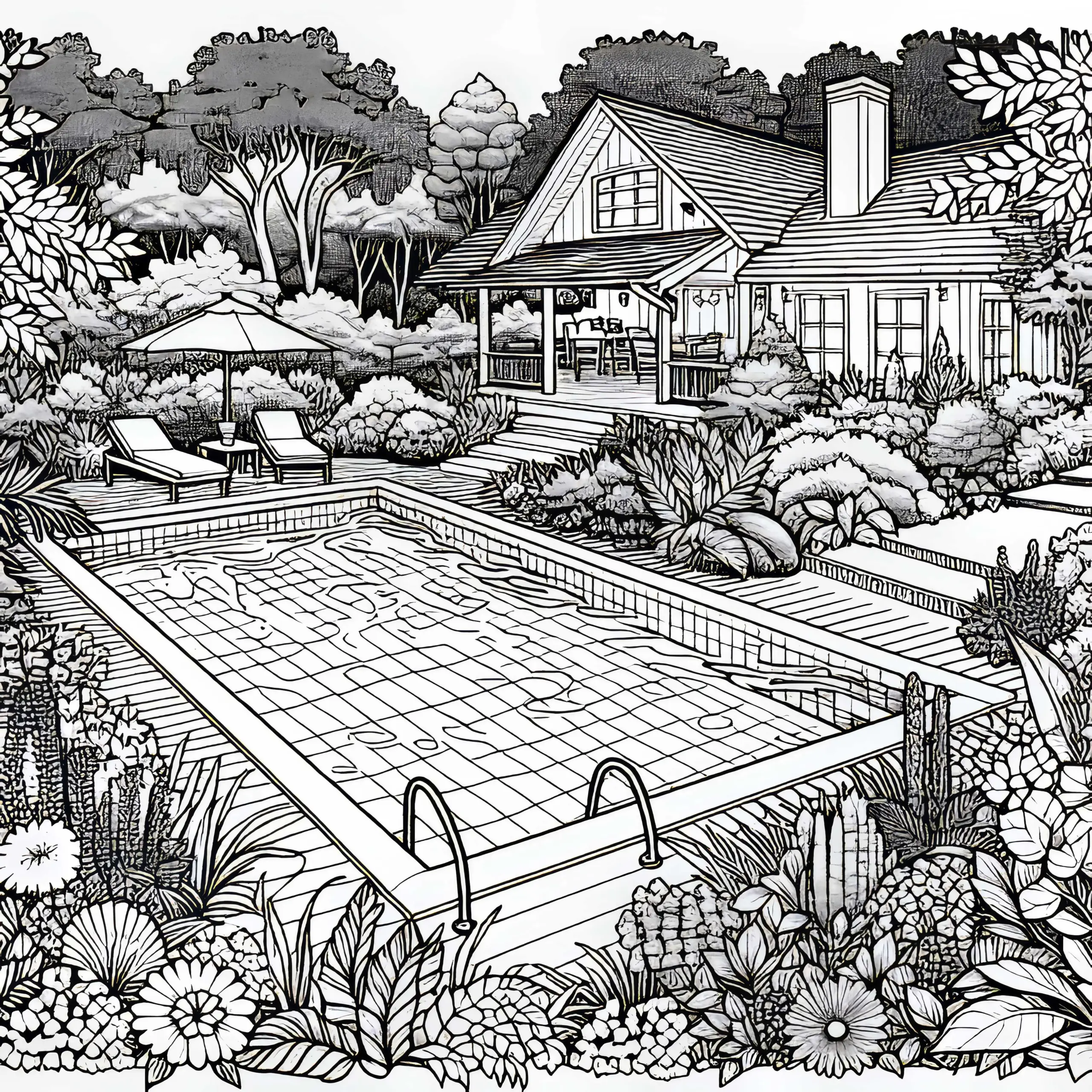 Pool im Garten Malvorlage Kostenlos (Ausmalbild)