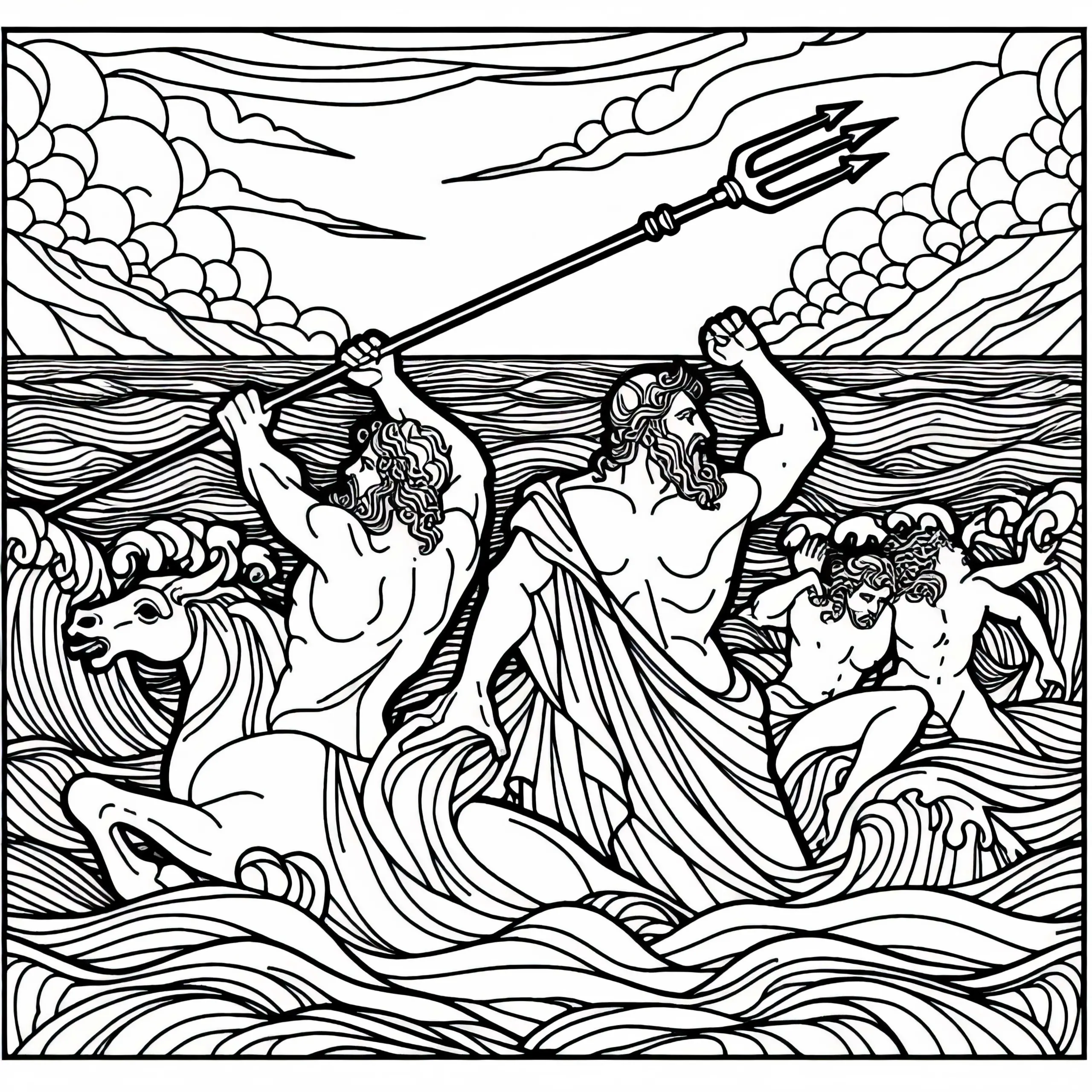 Poseidon mit Dreizack – Malvorlage zur griechischen Mythologie Kostenlos (Ausmalbild)