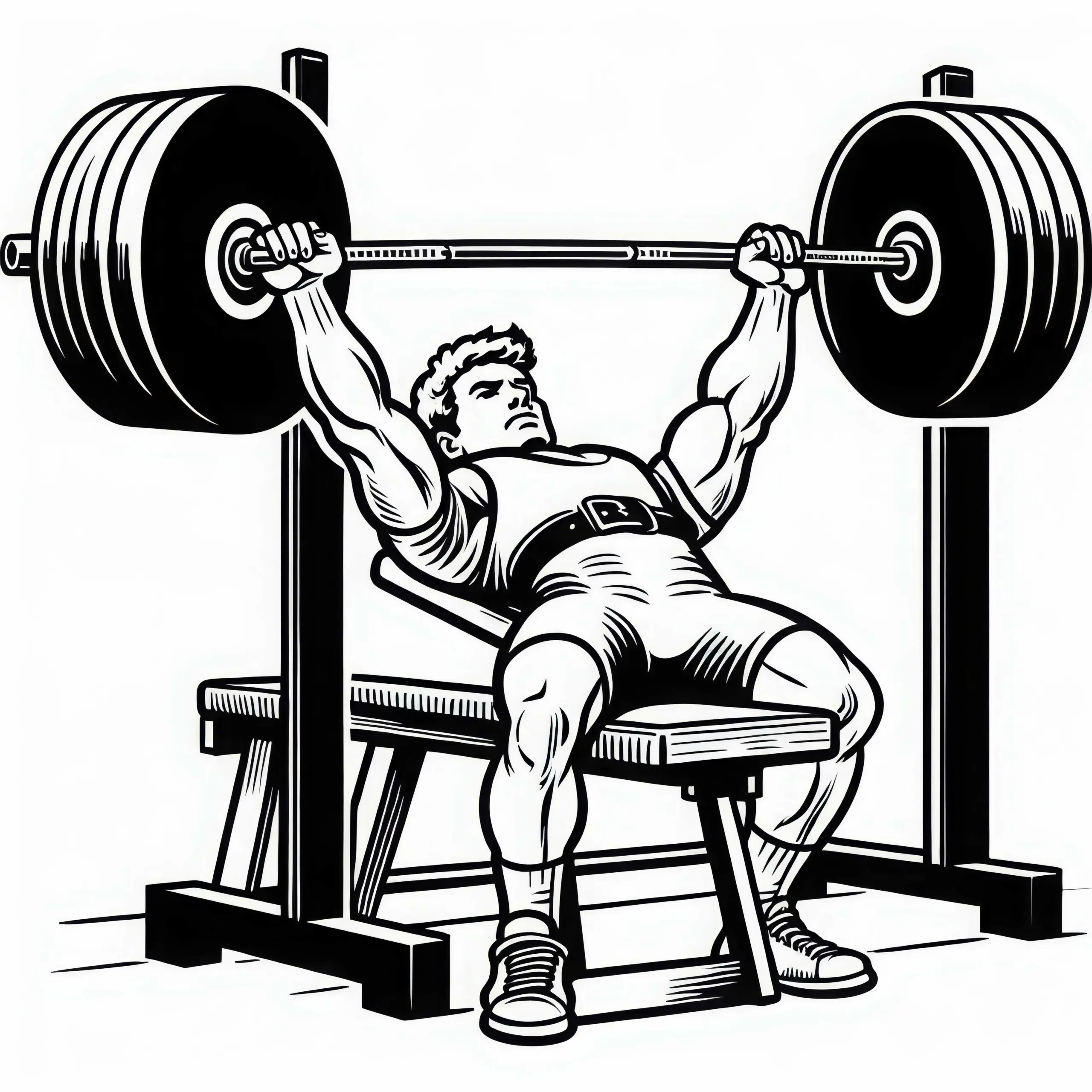 Powerlifter stemmt Langhantel in der Bankdrückposition – Ausmalbild kostenlos