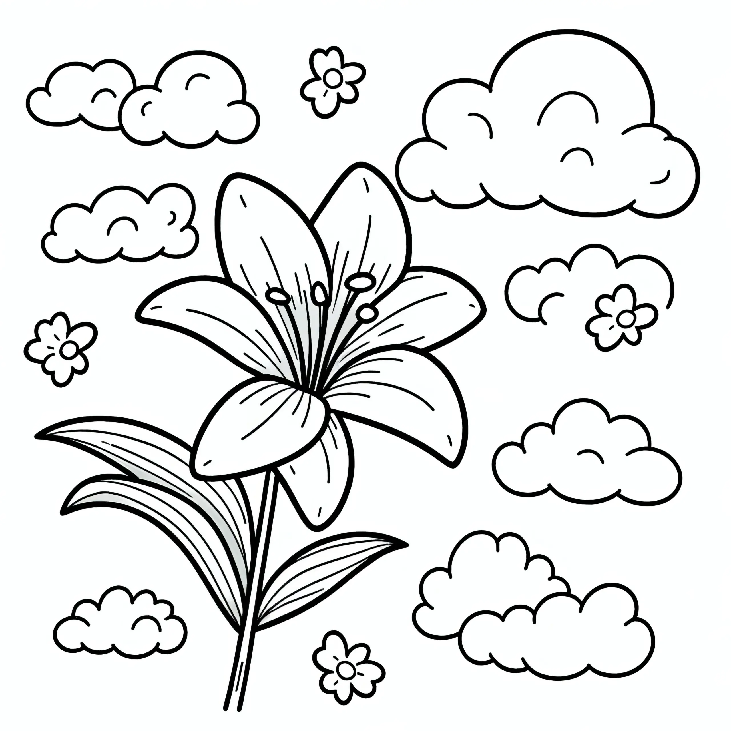 Prächtige Lilienblüte zwischen Wolken: Malvorlage zum Herunterladen (Gratis) (Ausmalbild)