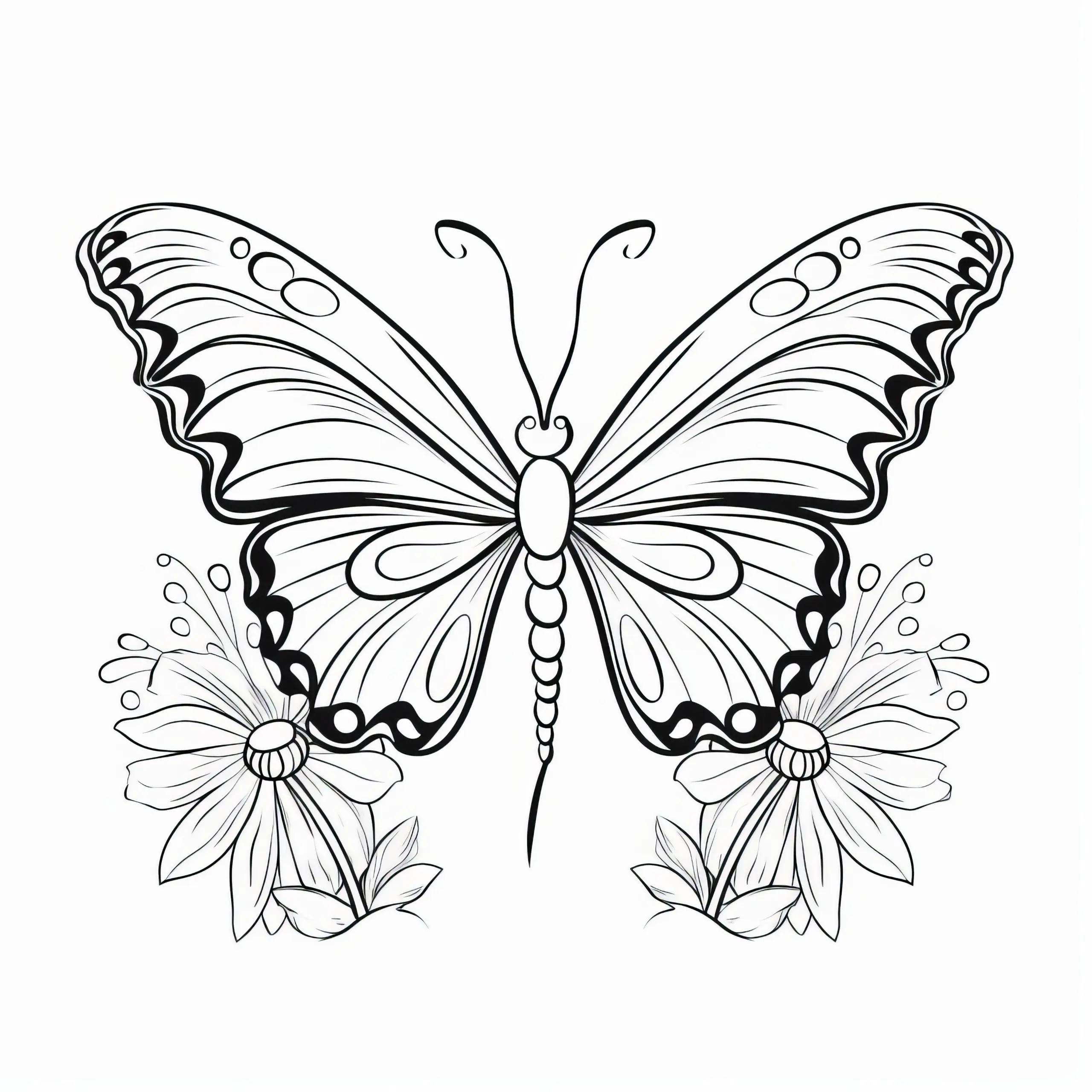 Prächtiger Schmetterling mit Blumen zum Ausmalen (Gratis) (Ausmalbild)