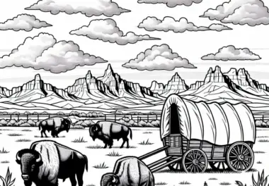 Praerie mit Bisons und Planwagen – Ausmalbild für Nordamerika