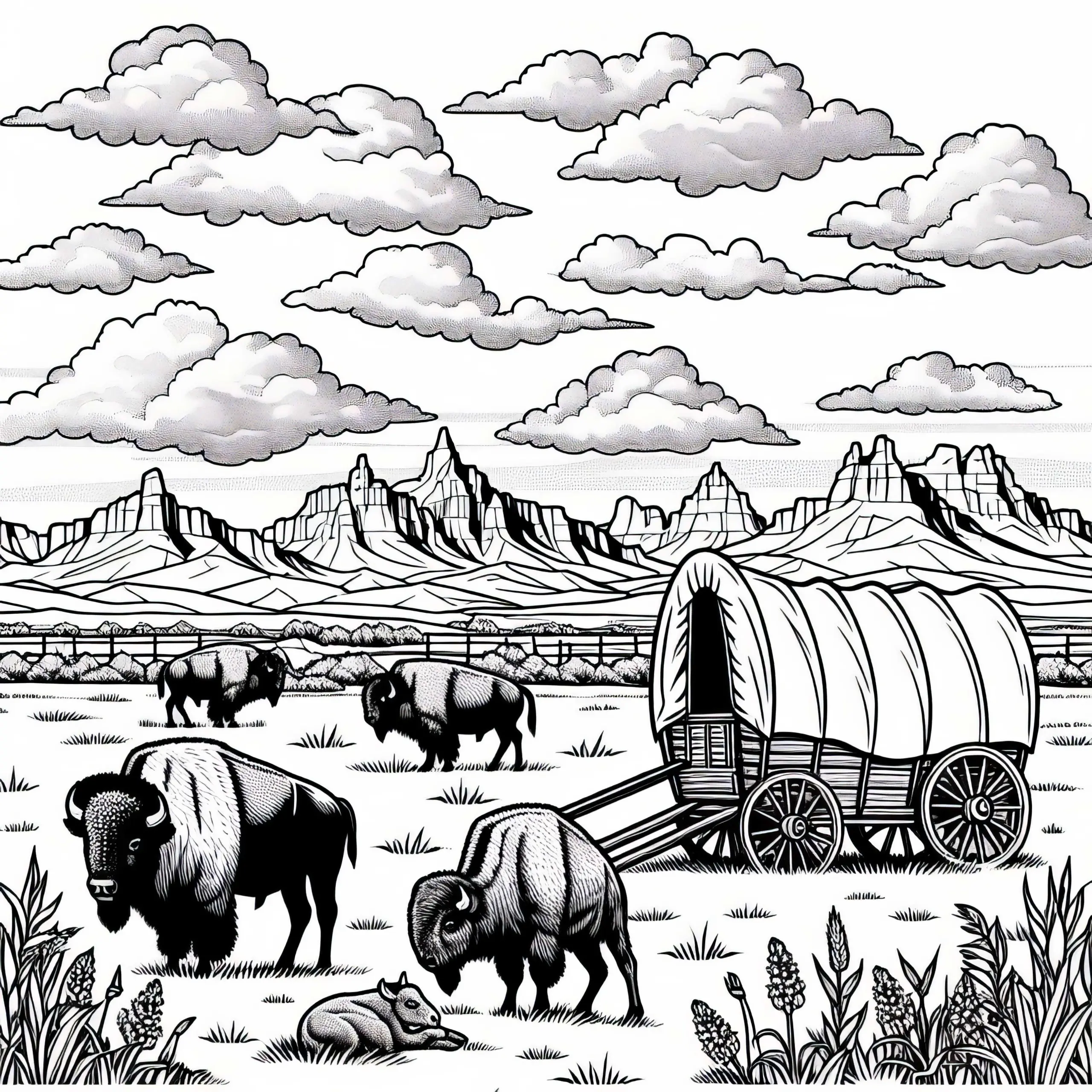 Praerie mit Bisons und Planwagen – Ausmalbild für Nordamerika