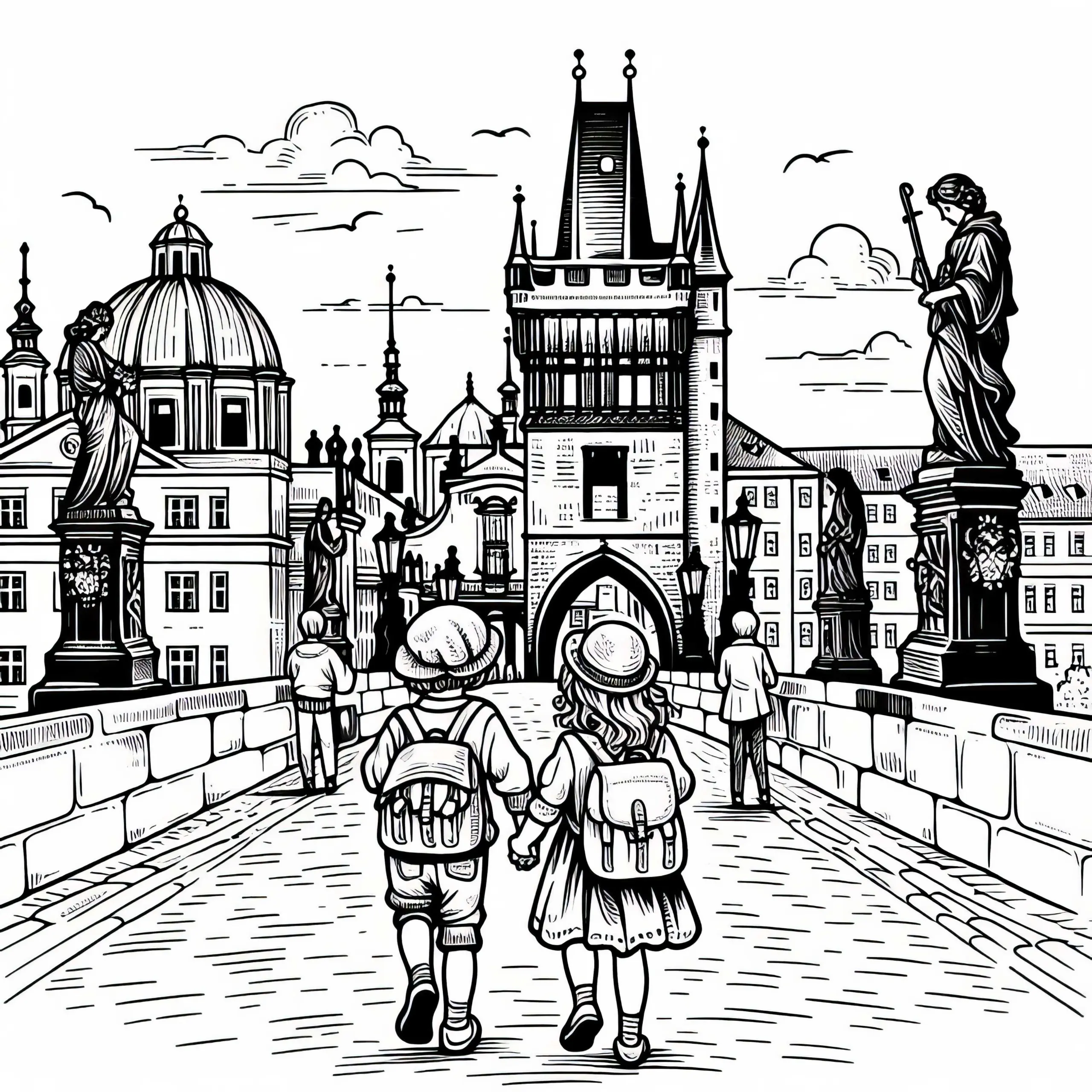 Prag Karlsbrücke Malvorlage gratis (Ausmalbild)