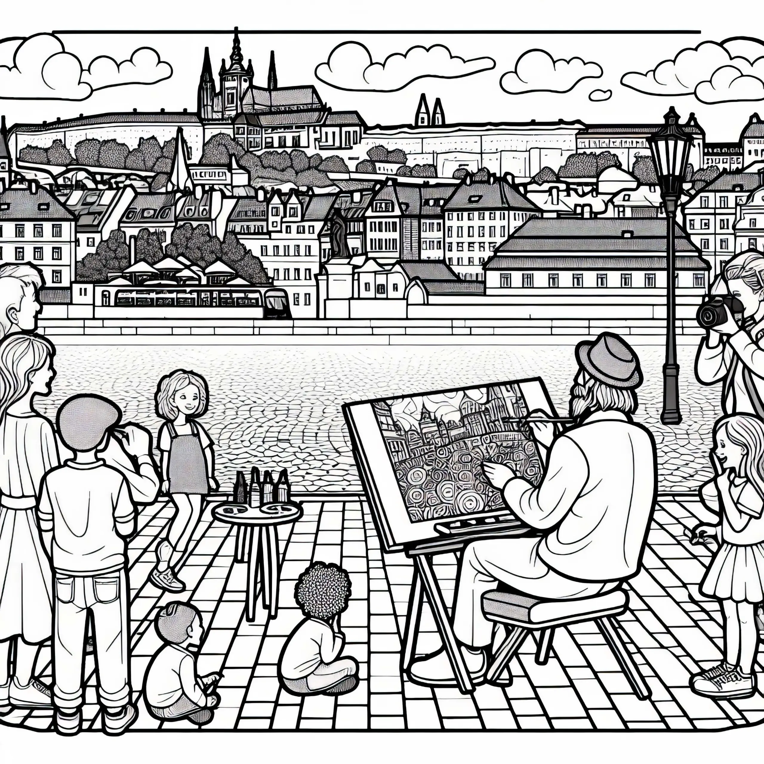 Prager Straßenkünstler malt während Kinder zusehen – Malvorlage kostenlos (Ausmalbild)