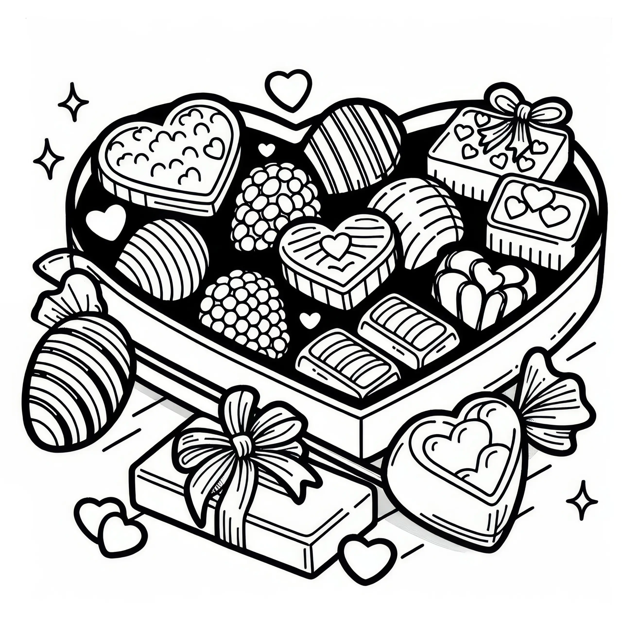 Pralinen in Herzkiste: Einfaches Ausmalbild zum Valentinstag (Gratis)