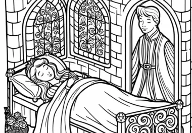 Prinz findet schlafendes Dornröschen im Turmzimmer – Malvorlage