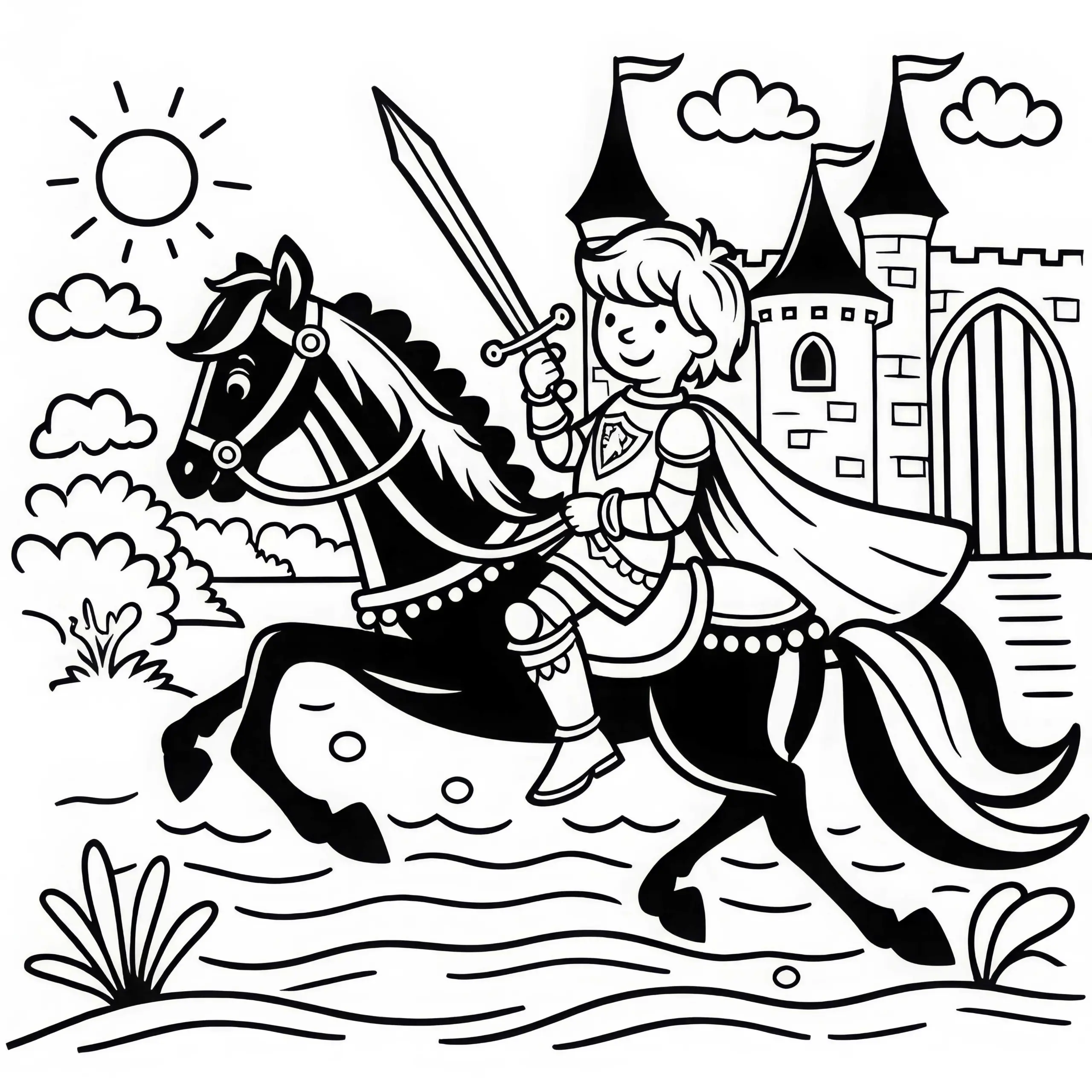 Prinz hält Schwert und reitet auf Pferd vor einer Burg: Einfache Malvorlage (Gratis) (Ausmalbild)