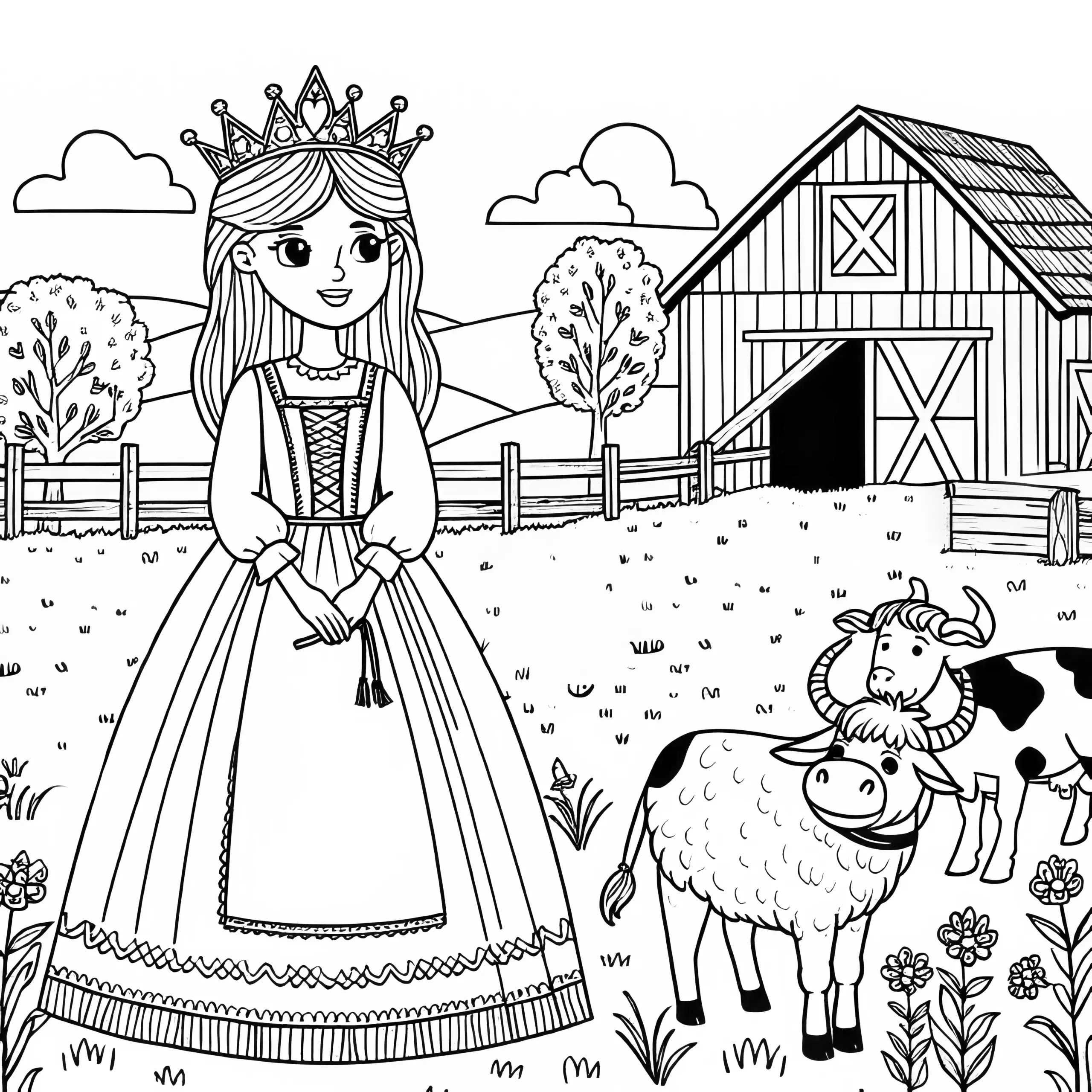 Prinzessin auf dem Bauernhof: Ausmalbild zum Download (Kostenlos)