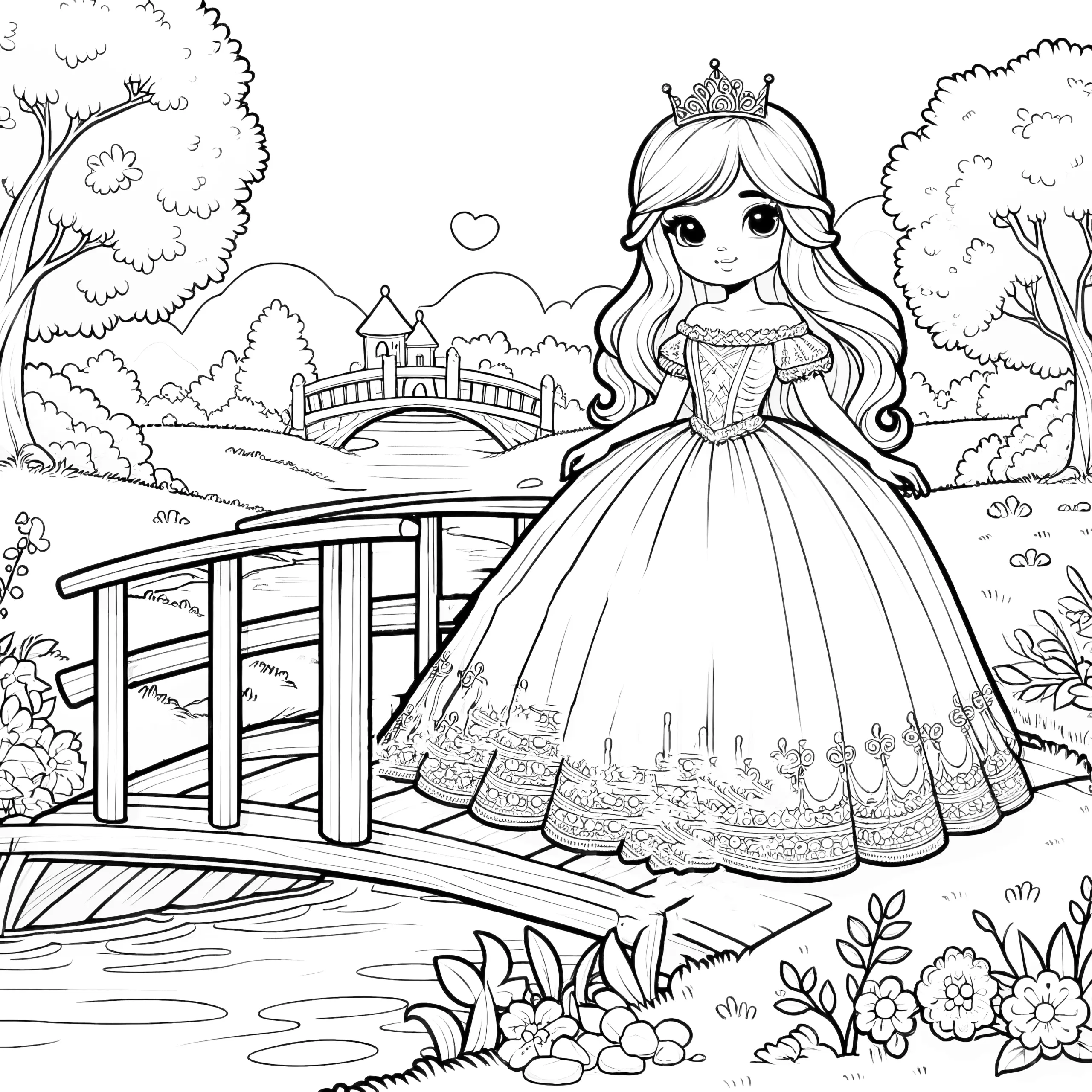 Kostenloses Ausmalbild: Süße Prinzessin auf Brücke in Naturlandschaft
