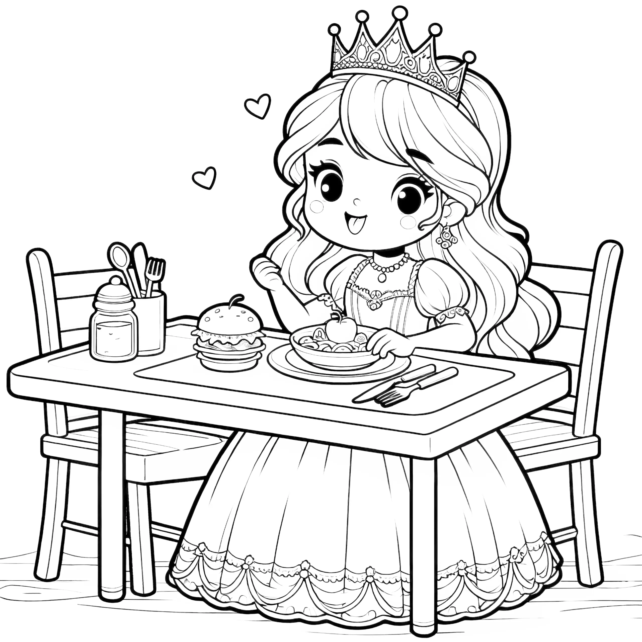 Ausmalbild gratis: Lachende Prinzessin am Essenstisch mit Burger