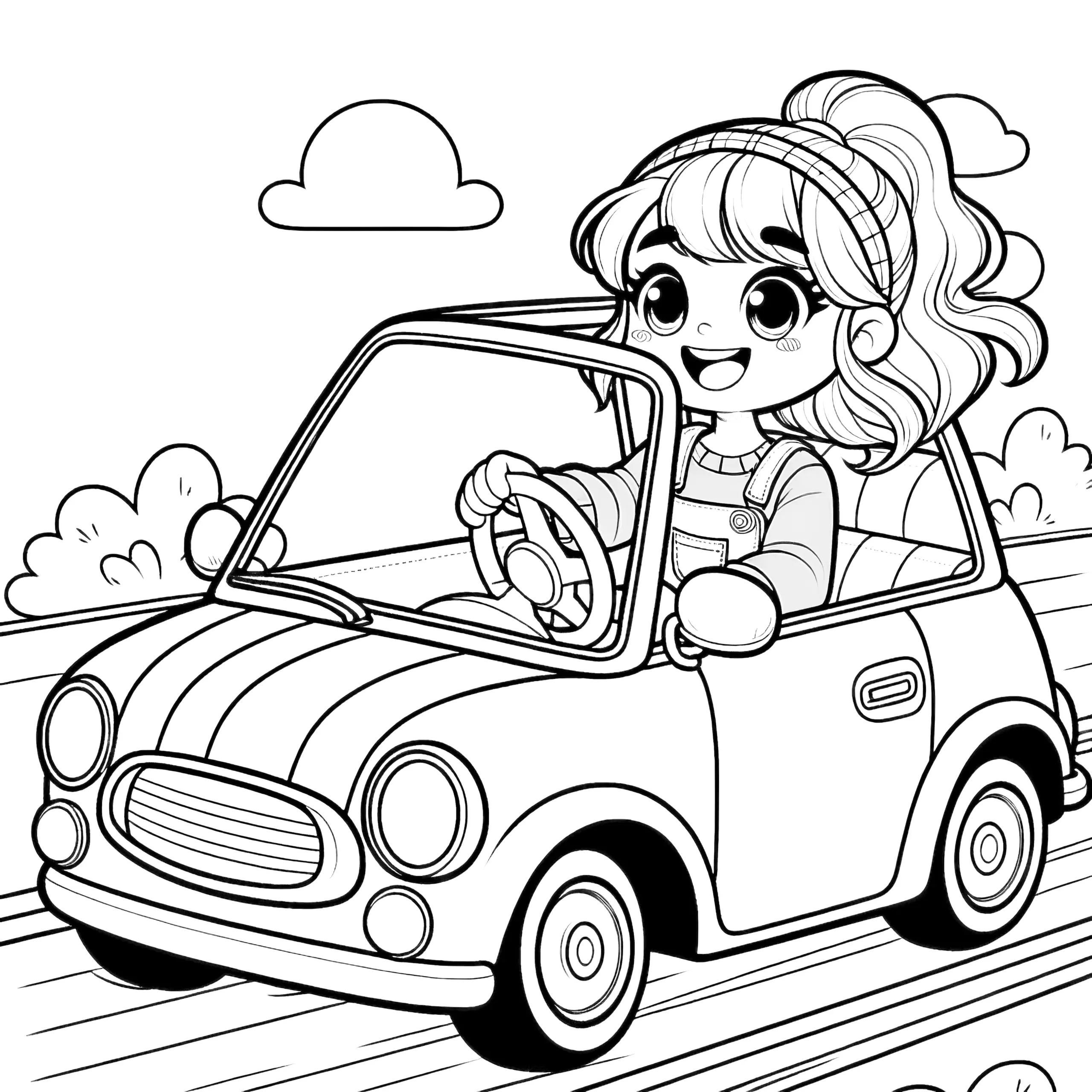 Prinzessin fährt rasend schnell Auto: Einfaches Ausmalbild für Kinder (Gratis)