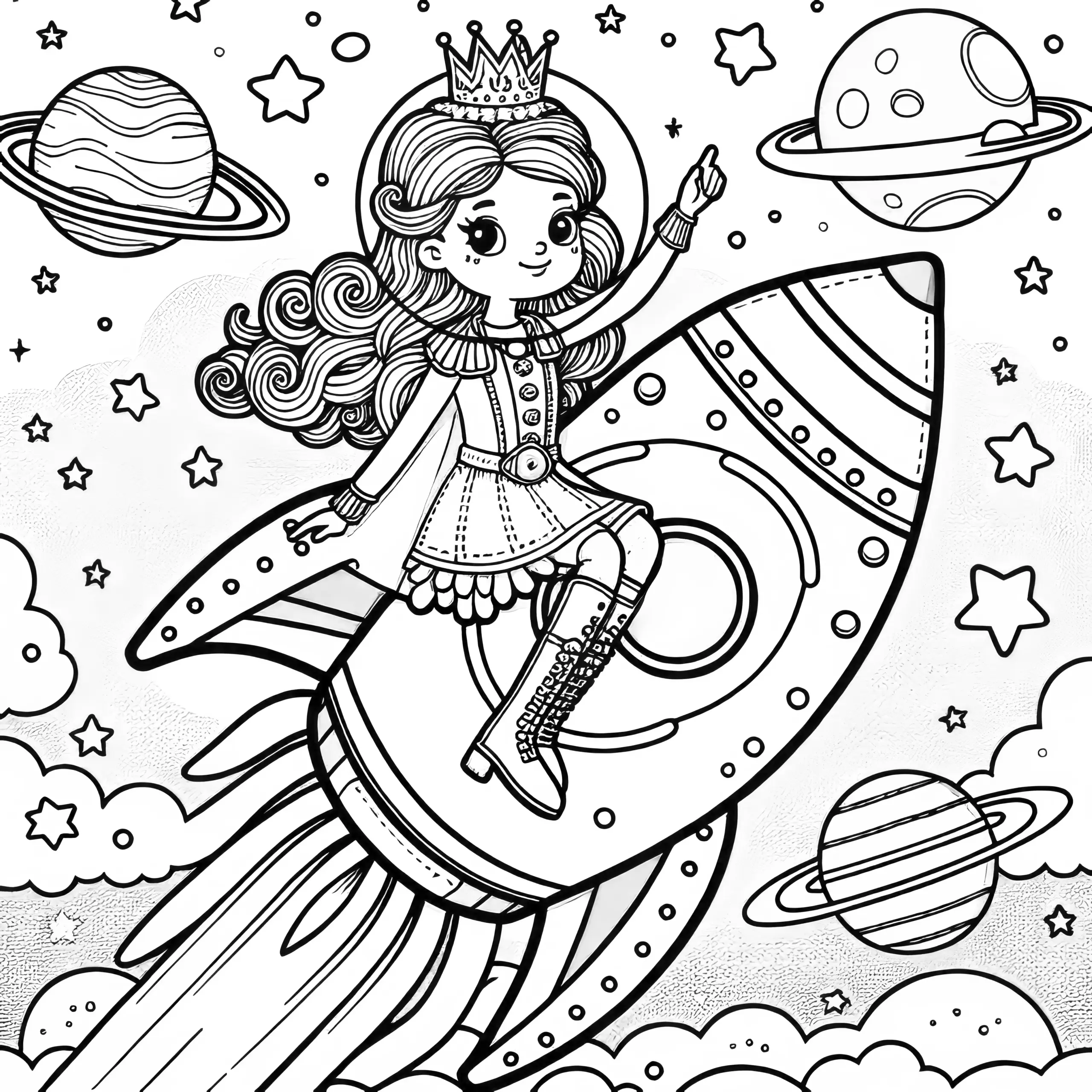 Prinzessin mit Helm auf einer futuristischen Rakete im Weltall (Malvorlage kostenlos) (Ausmalbild)